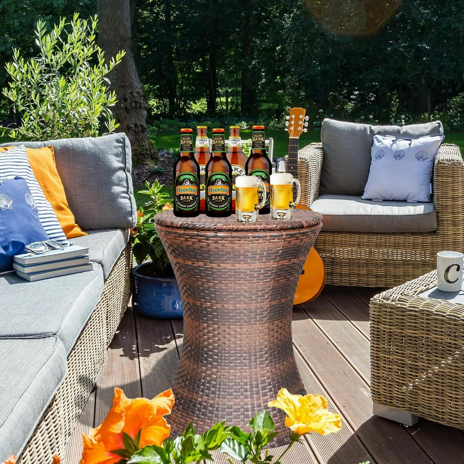 brown wicker cooler table