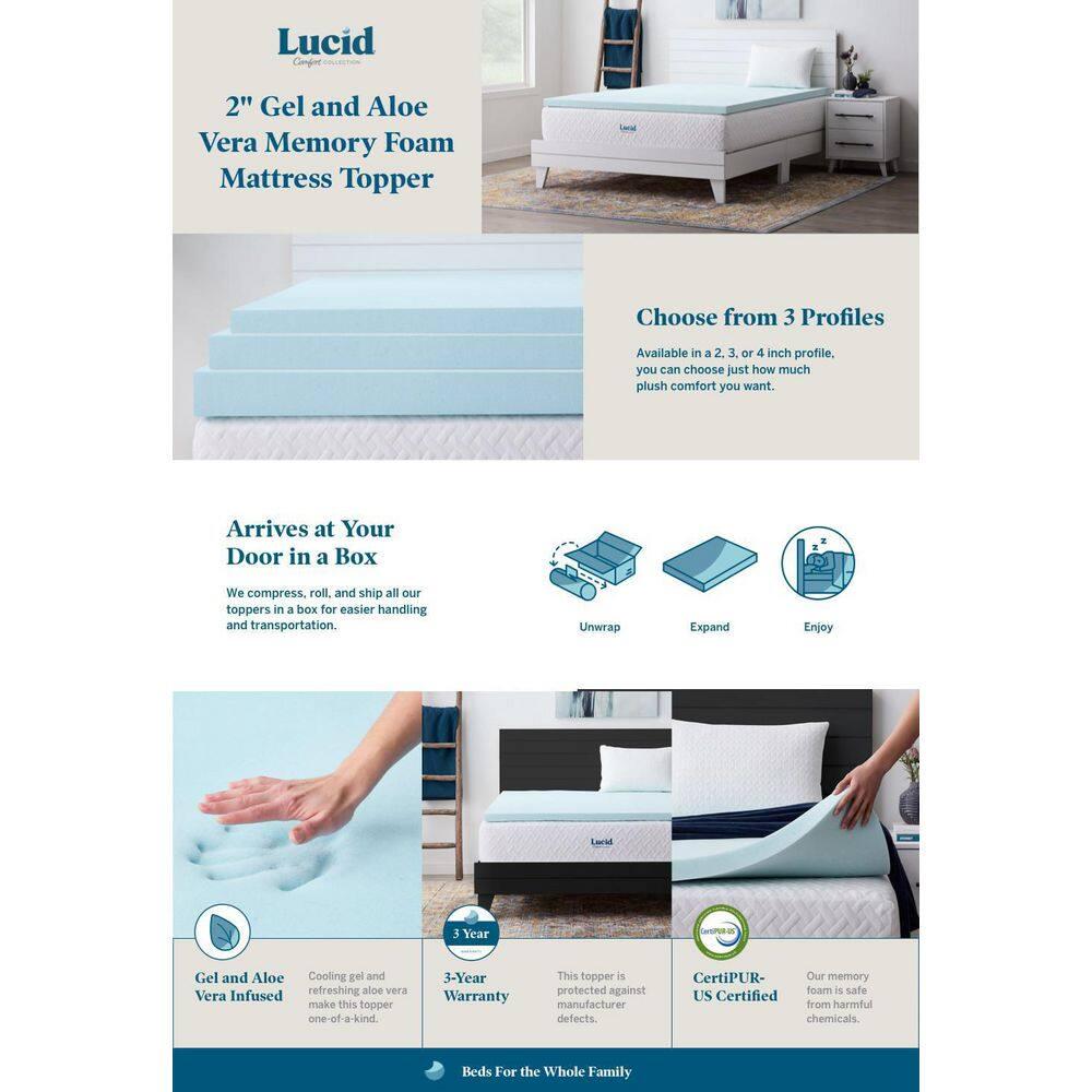 LUCID 2, 3, 4 Inch Cooling Gel Memory Foam Mattress Topper -Twin Full Queen King