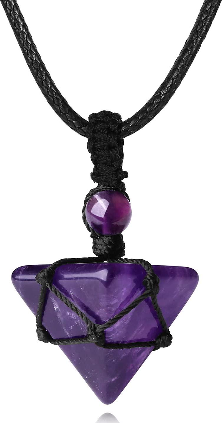 Natural Amethyst Gemstones Pyramid Pointed Reiki Chakra Pendant Silver Necklace 