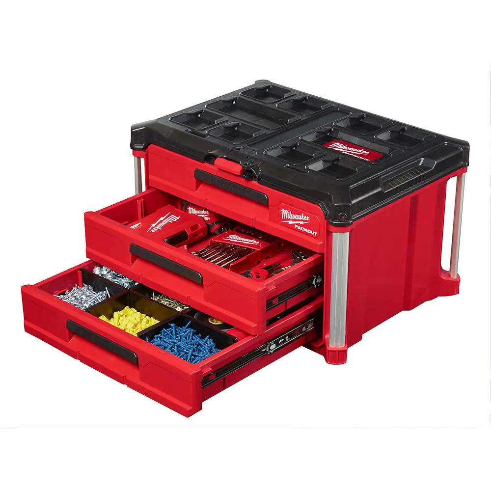 MILWAUKEE TOOL BOX PACKOUT 3-Drawer 50 lbs. Lockable Polypropylene in ...