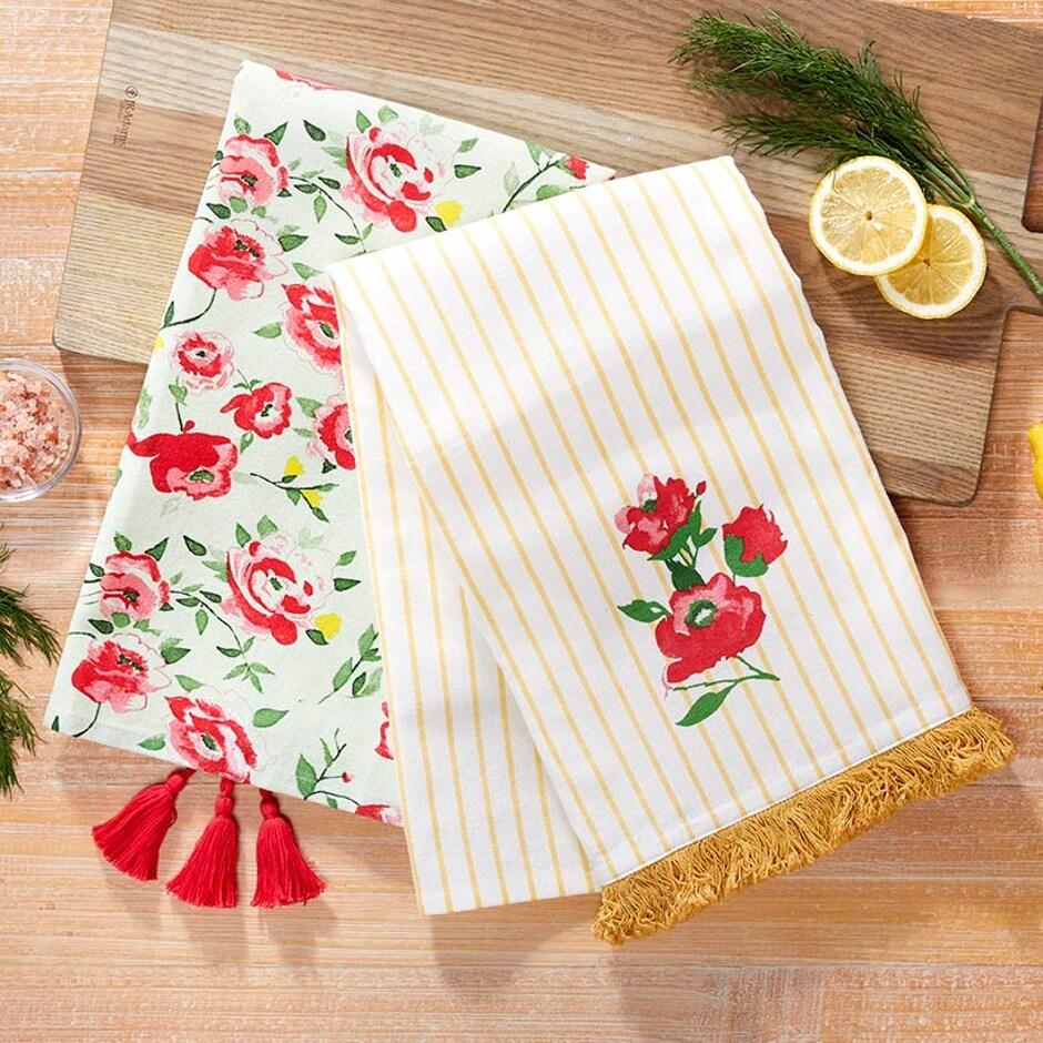 Striped Floral Set of 2 Kitchen Towels or Oven Mitt and Potholder Set