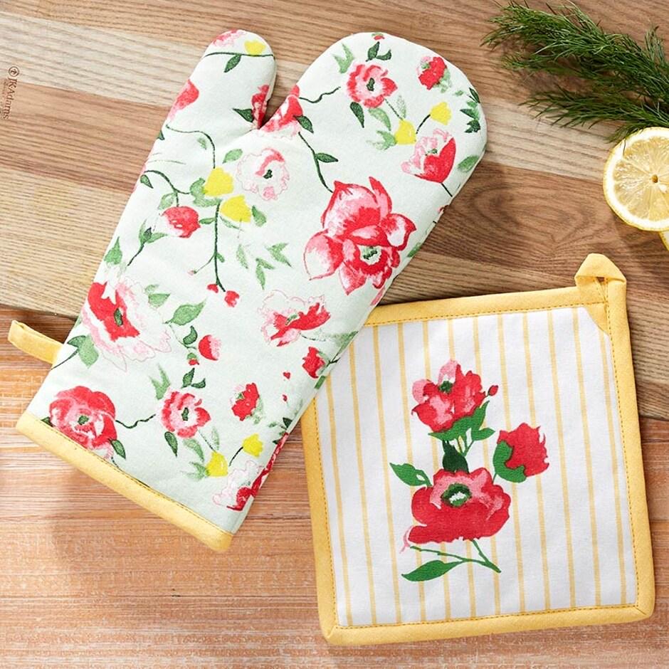 Striped Floral Set of 2 Kitchen Towels or Oven Mitt and Potholder Set