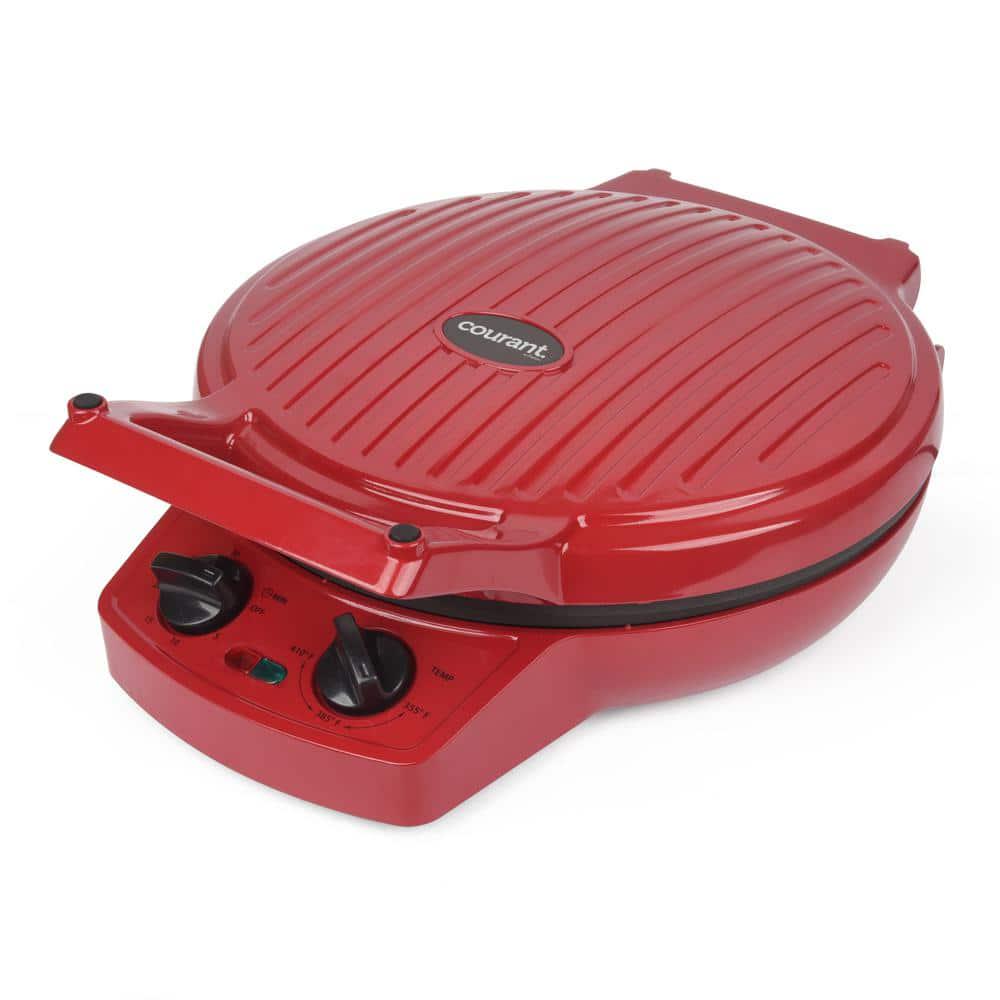 Courant Pizza Maker Adjustable Thermostat+Timer+Griddle+Non-Stick Interior Red