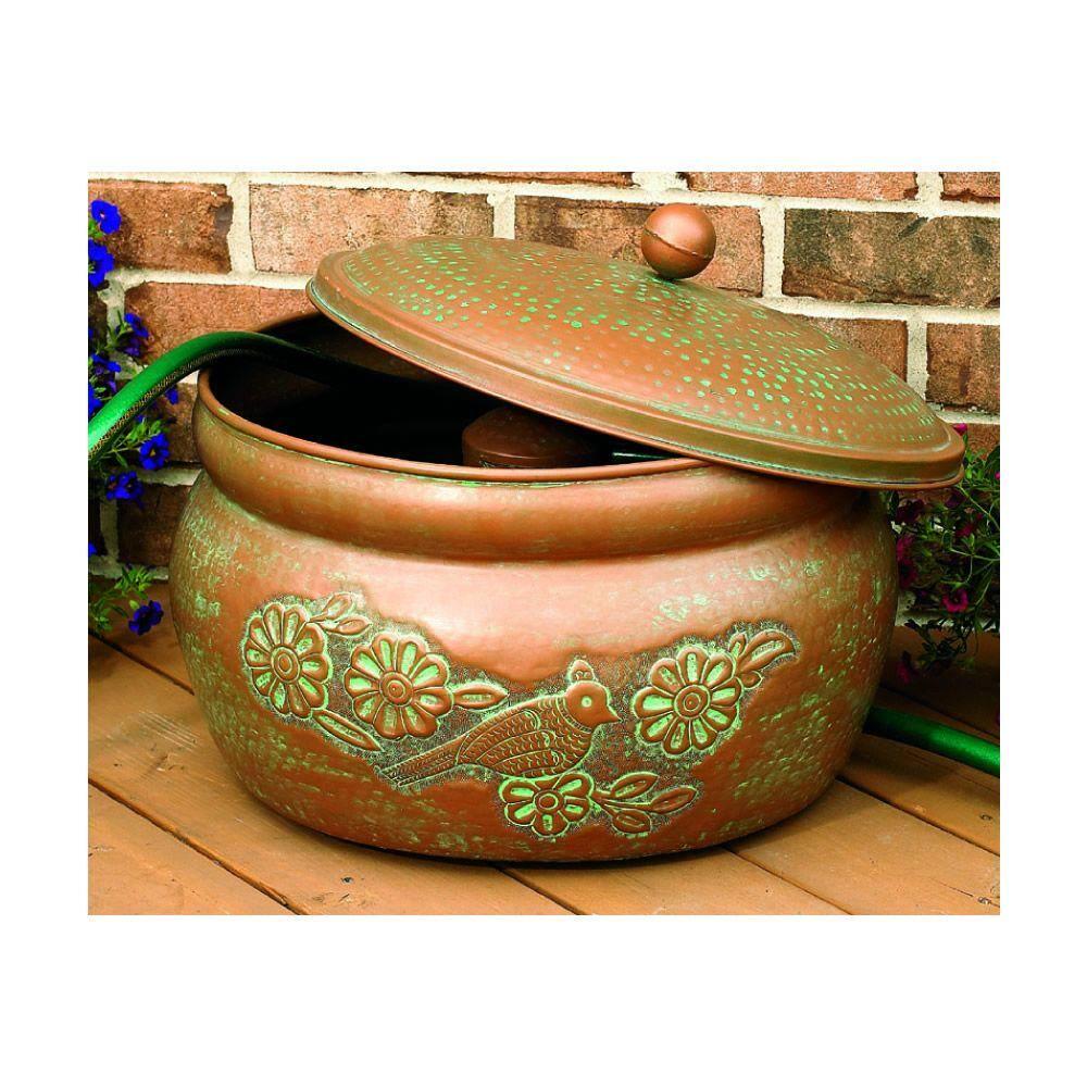Decorative Garden Hose Holder Pot Storage w/Lid, Copper Patina, 150 Ft  Capacity