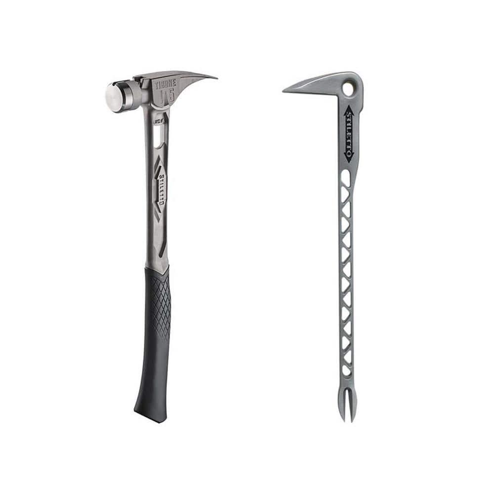 Stiletto 15 oz. TiBone Smooth Face with Curved Handle with 12 in. Titanium Clawbar Nail Puller with Dimpler (2-Piece)