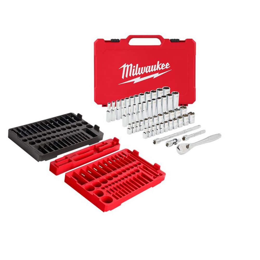 Milwaukee 1/4 in. and 3/8 in. Drive Ratchet/Socket Trays w/1/4 in. Drive SAE/Metric Ratchet/Socket Mechanics Tool Set (53-Piece)