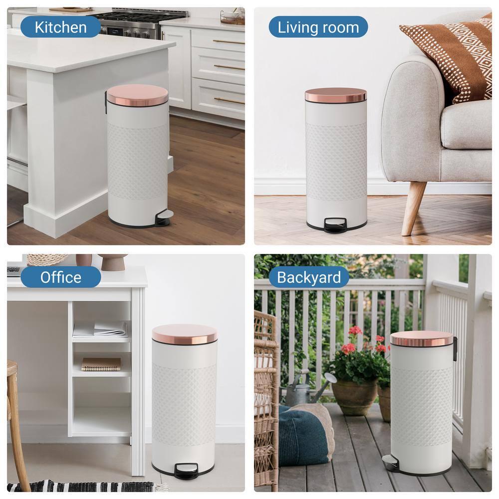 Bote de basura interior Innovaze 8 gal. Diseño de diamante escalonado de forma redonda de metal blanco - Imagen 7 de 7