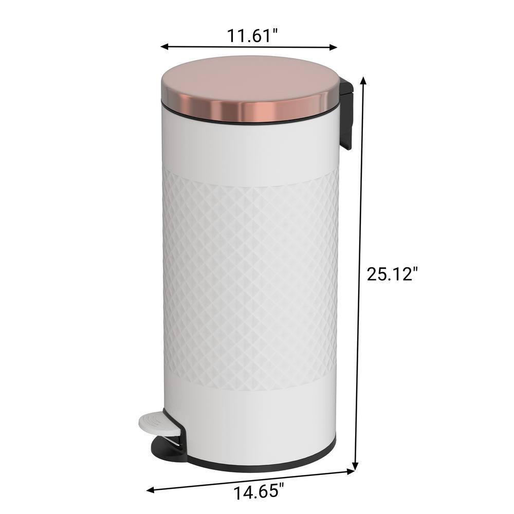 Bote de basura interior Innovaze 8 gal. Diseño de diamante escalonado de forma redonda de metal blanco - Imagen 6 de 7