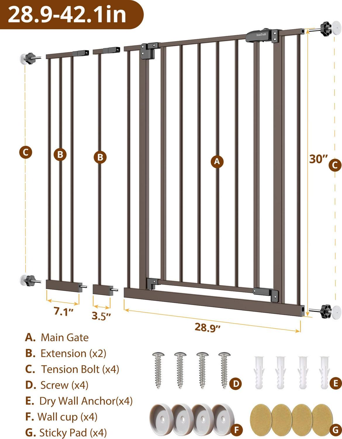 Extra Wide Baby Safety Gate for Stairs and Doorway,28.9-42.1 Wide,30 Tall ages 6