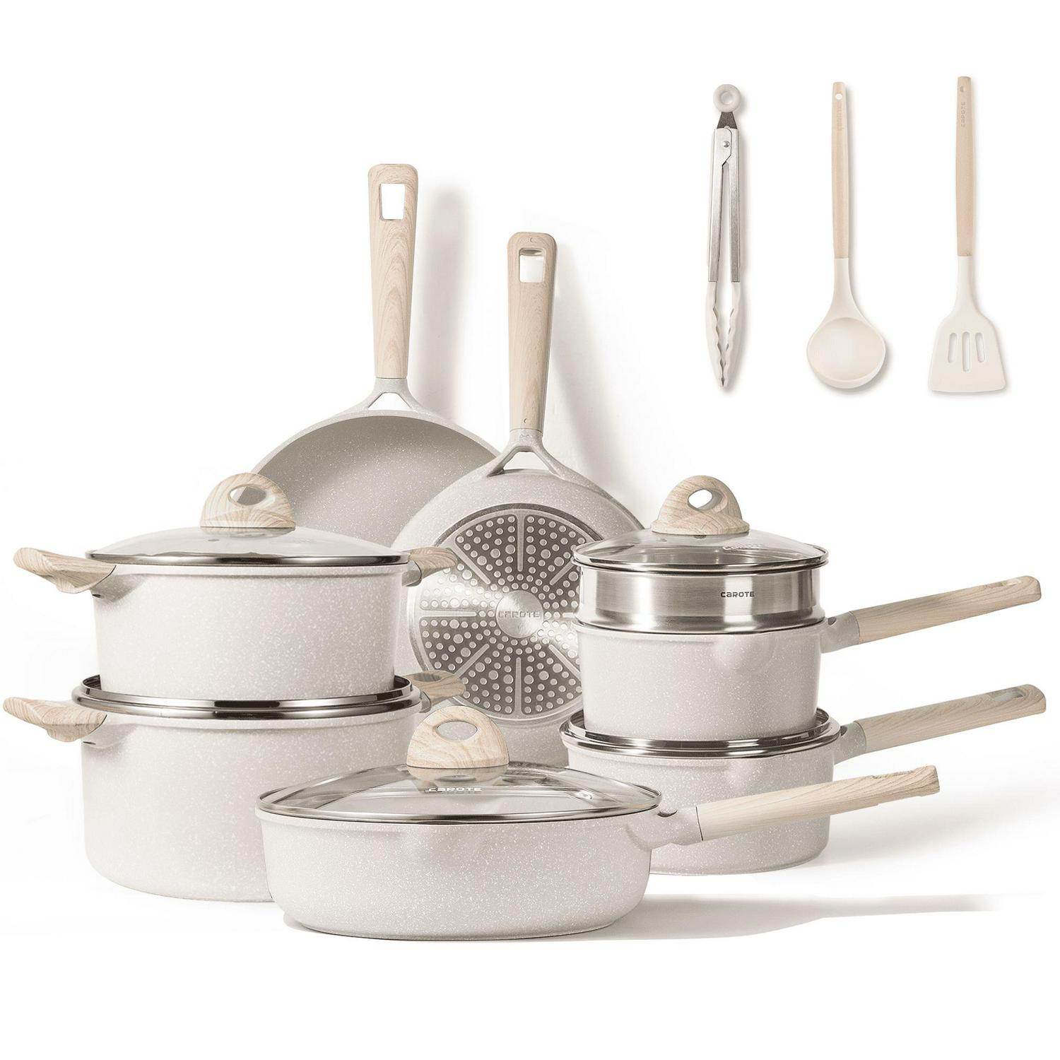 Carote Nonstick Cookware Sets, 16 Pcs Granite Non Stick Pots and Pans Set, Taupe - Picture 31 of 42