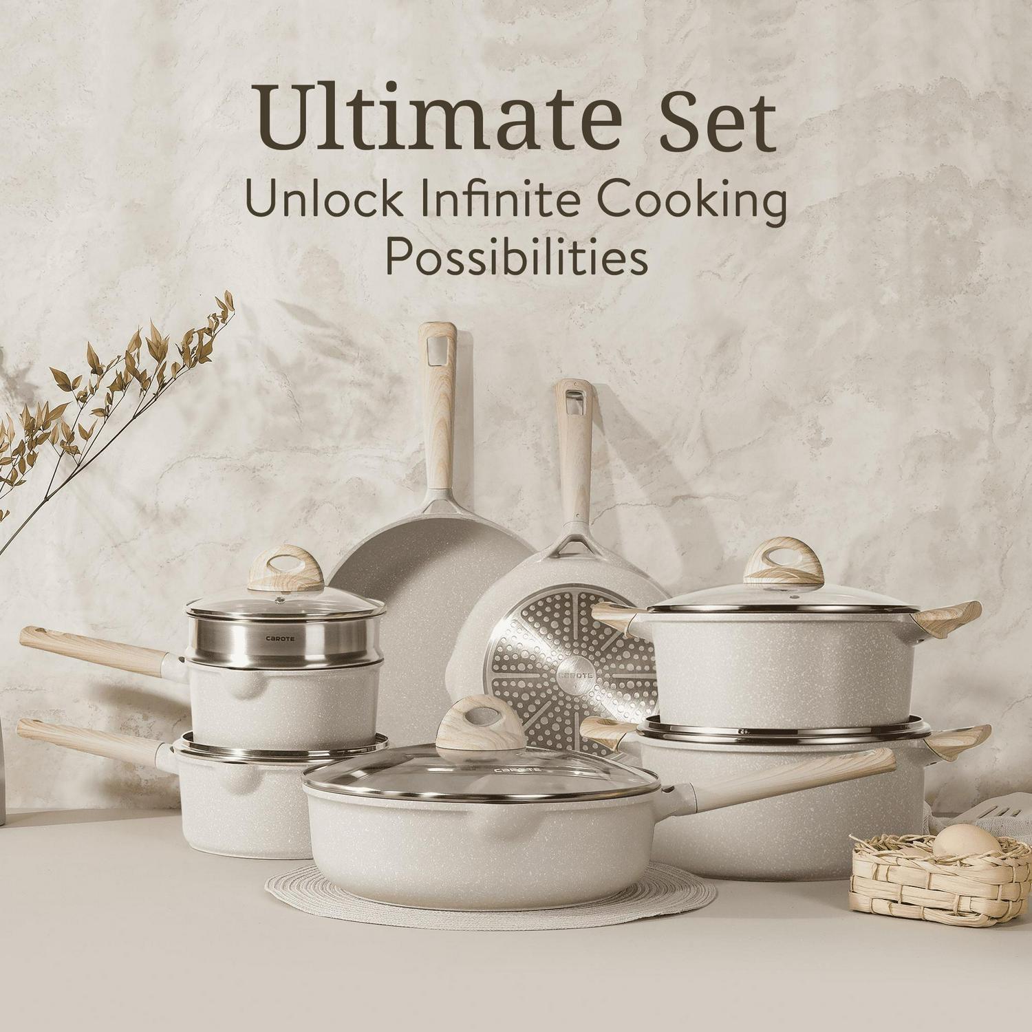Carote Nonstick Cookware Sets, 16 Pcs Granite Non Stick Pots and Pans Set, Taupe - Picture 33 of 42