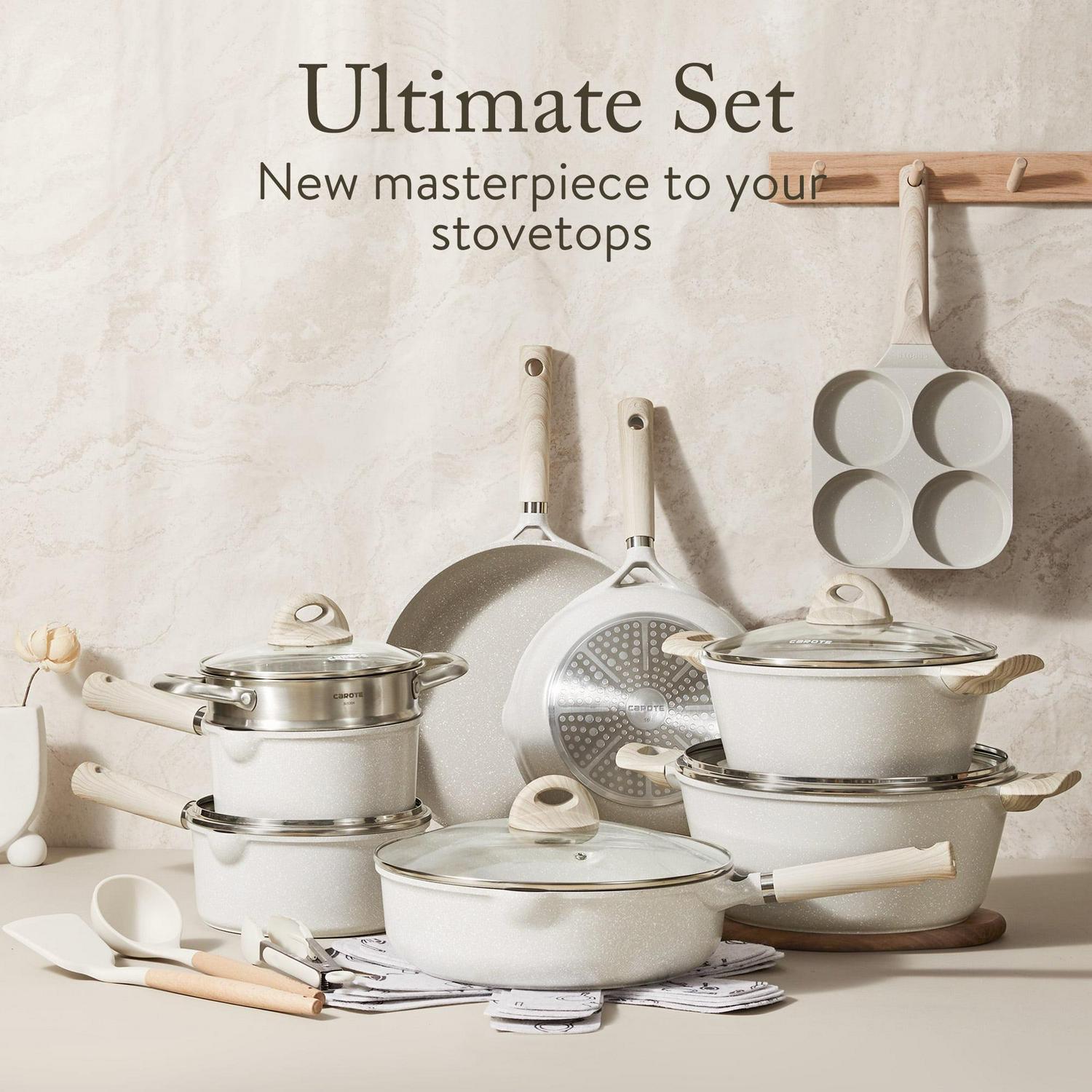 Carote Nonstick Cookware Sets, 16 Pcs Granite Non Stick Pots and Pans Set, Taupe - Picture 28 of 42