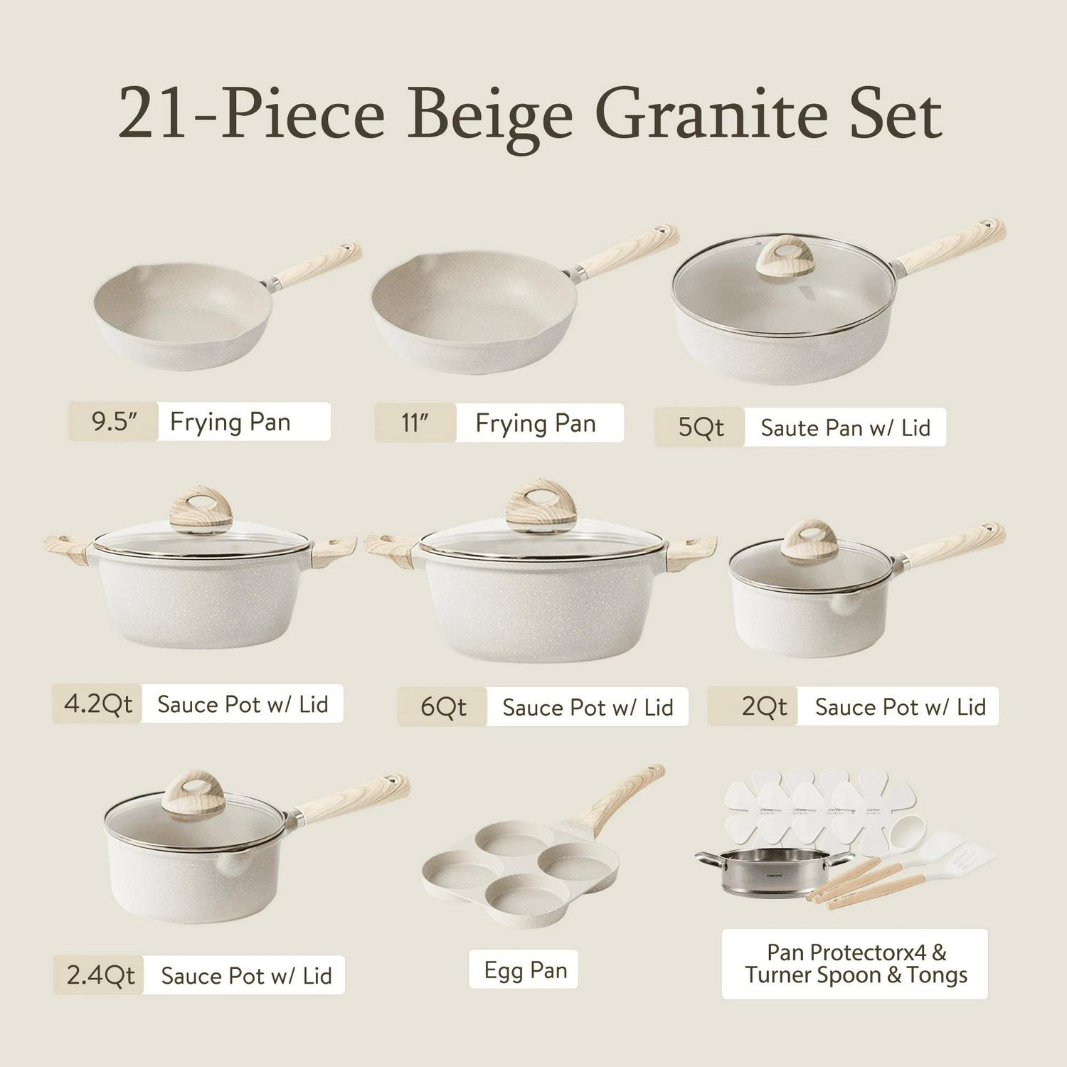 Carote Nonstick Cookware Sets, 16 Pcs Granite Non Stick Pots and Pans Set, Taupe - Picture 23 of 42
