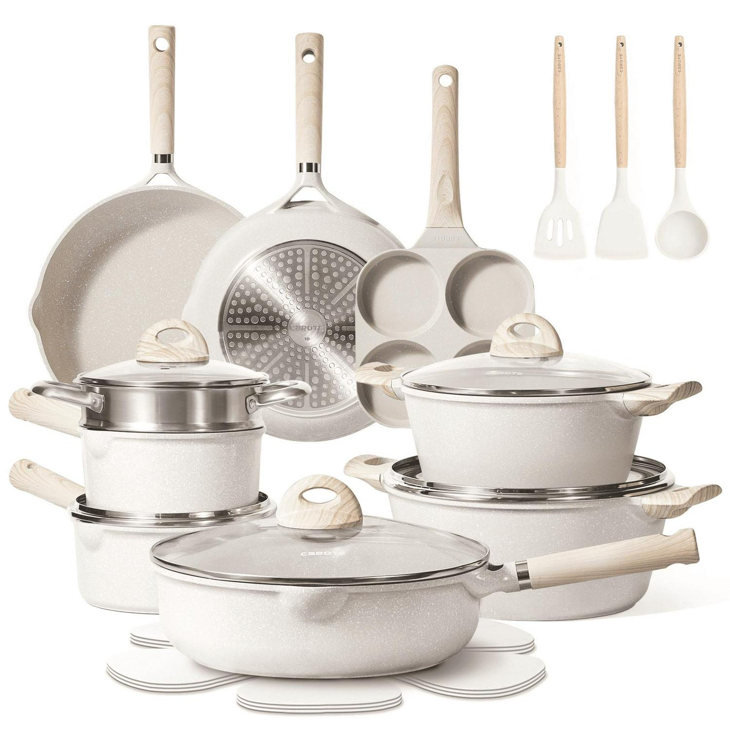 Carote Nonstick Cookware Sets, 16 Pcs Granite Non Stick Pots and Pans Set, Taupe - Picture 30 of 42