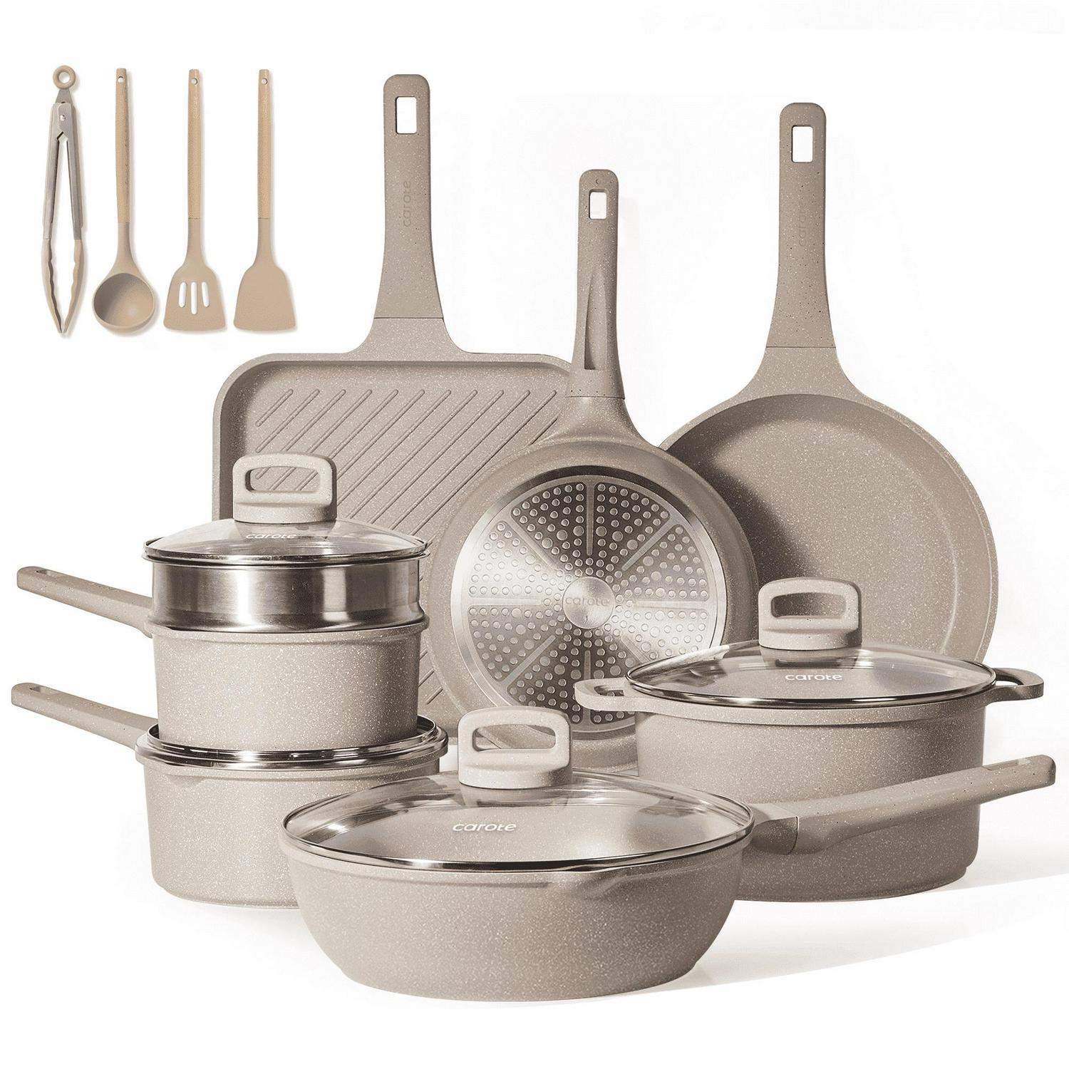 Carote Nonstick Cookware Sets, 16 Pcs Granite Non Stick Pots and Pans Set, Taupe - Picture 38 of 42