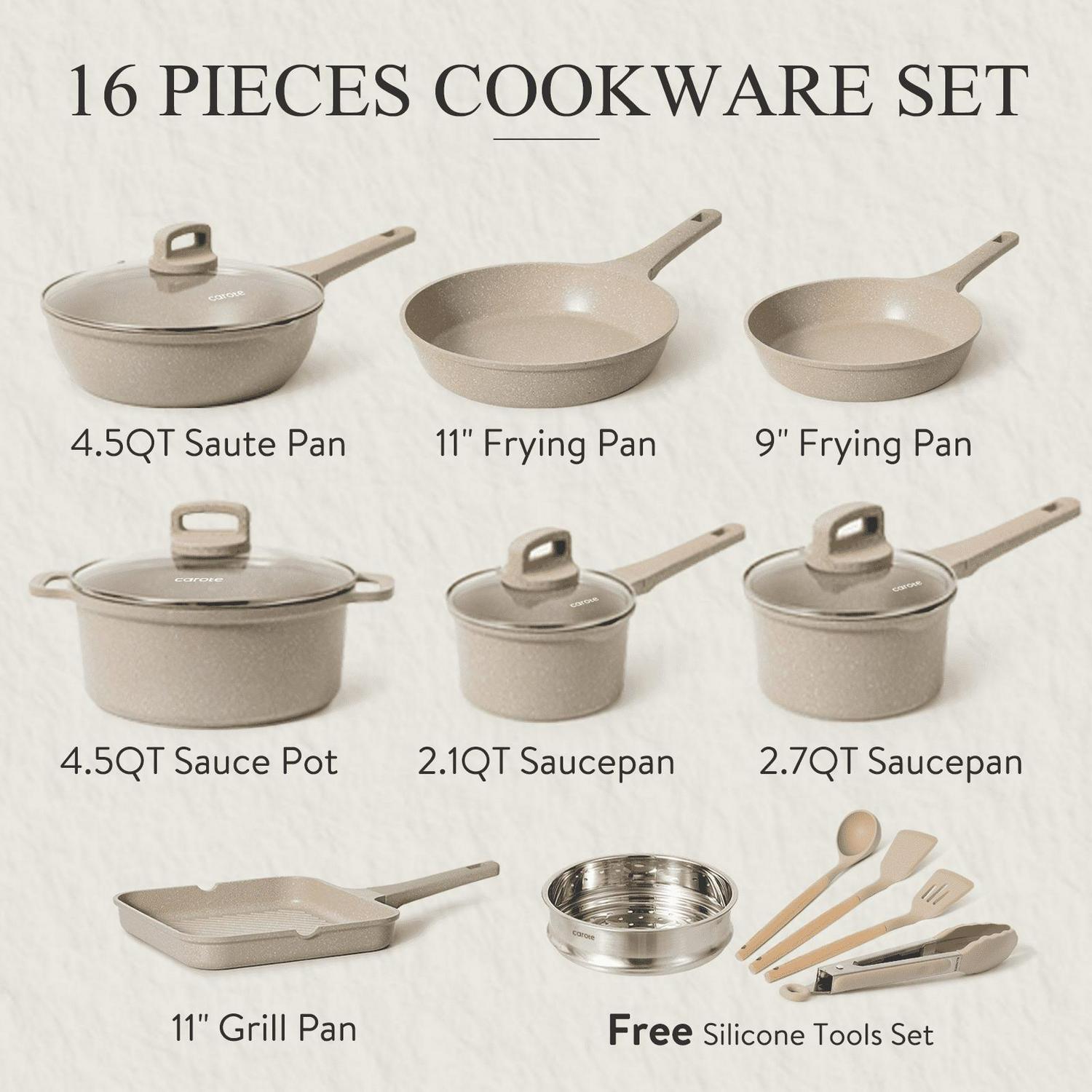 Carote Nonstick Cookware Sets, 16 Pcs Granite Non Stick Pots and Pans Set, Taupe - Picture 39 of 42