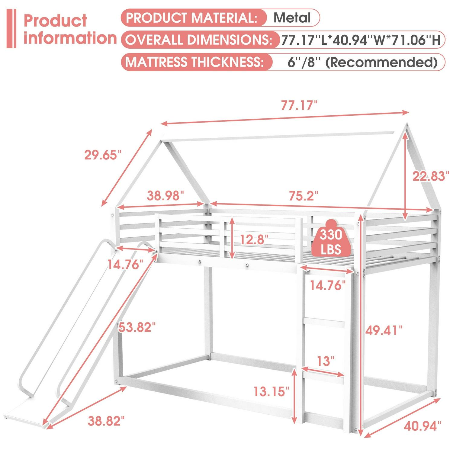Metal Twin Over Twin House Bunk Bed with Fence Ladder and Door for Kids Child - Picture 27 of 38