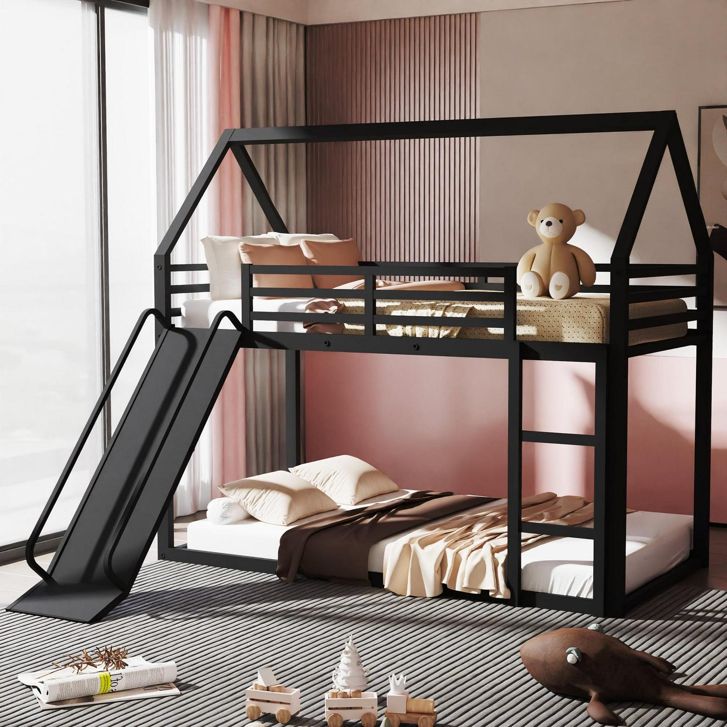 Metal Twin Over Twin House Bunk Bed with Fence Ladder and Door for Kids Child - Picture 32 of 38