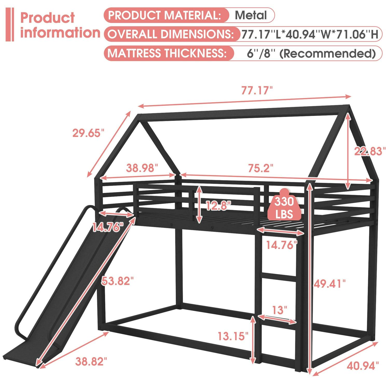 Metal Twin Over Twin House Bunk Bed with Fence Ladder and Door for Kids Child - Picture 34 of 38