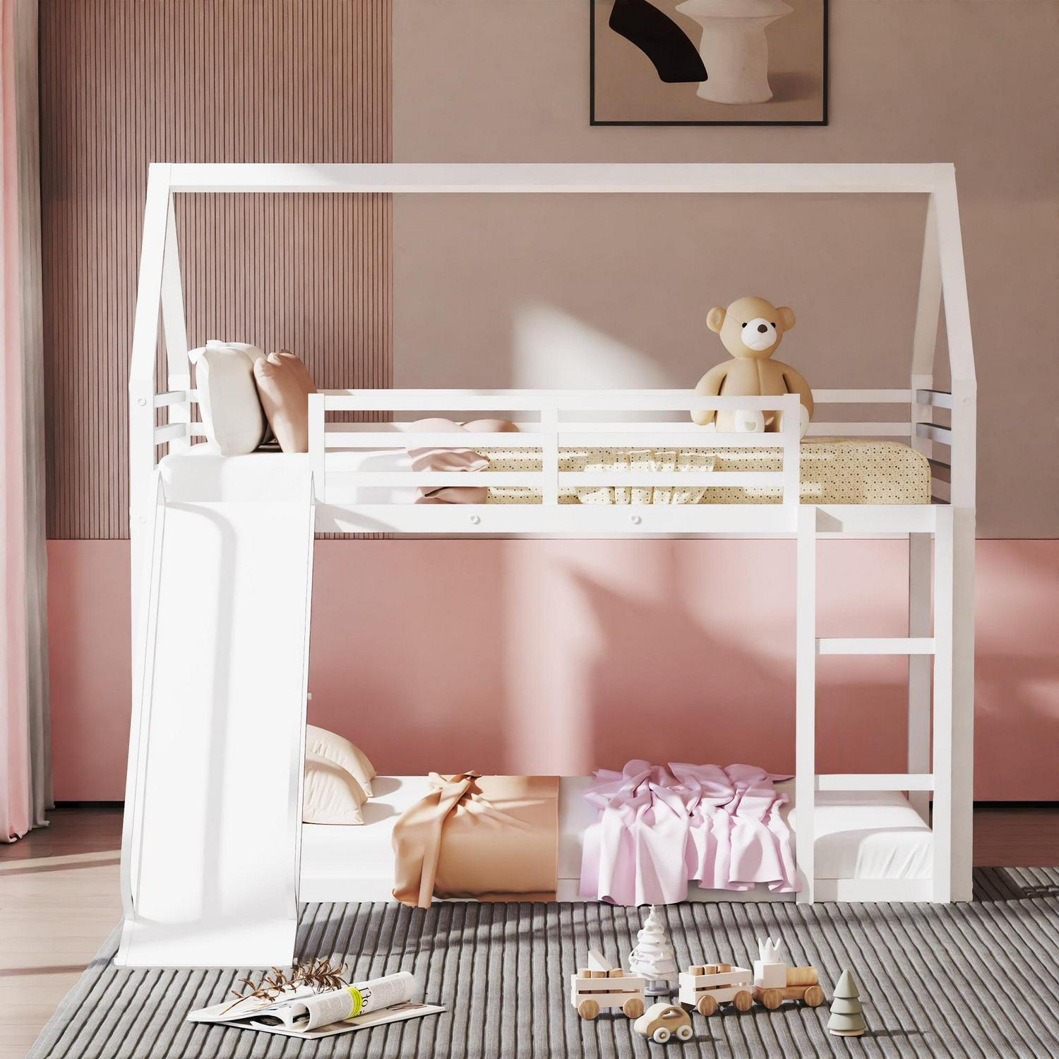 Metal Twin Over Twin House Bunk Bed with Fence Ladder and Door for Kids Child - Picture 26 of 38