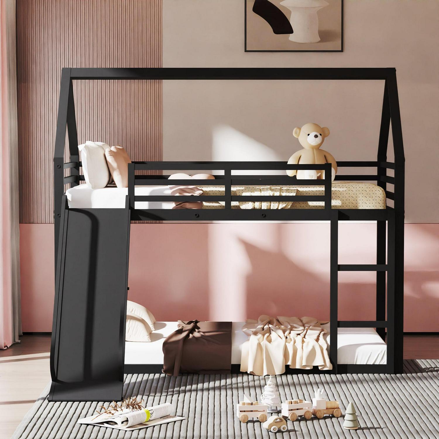 Metal Twin Over Twin House Bunk Bed with Fence Ladder and Door for Kids Child - Picture 33 of 38