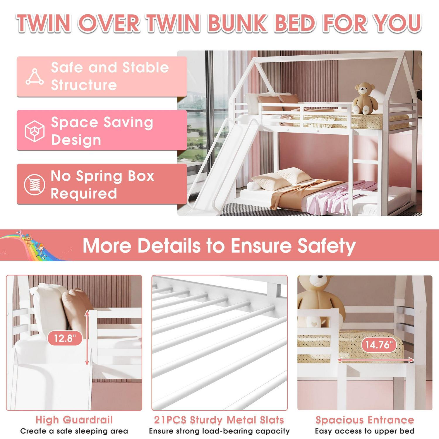 Metal Twin Over Twin House Bunk Bed with Fence Ladder and Door for Kids Child - Picture 28 of 38