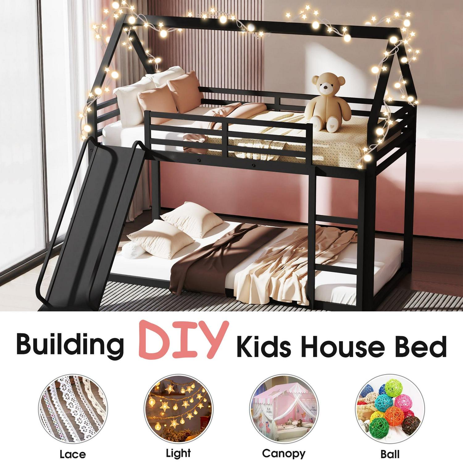 Metal Twin Over Twin House Bunk Bed with Fence Ladder and Door for Kids Child - Picture 36 of 38