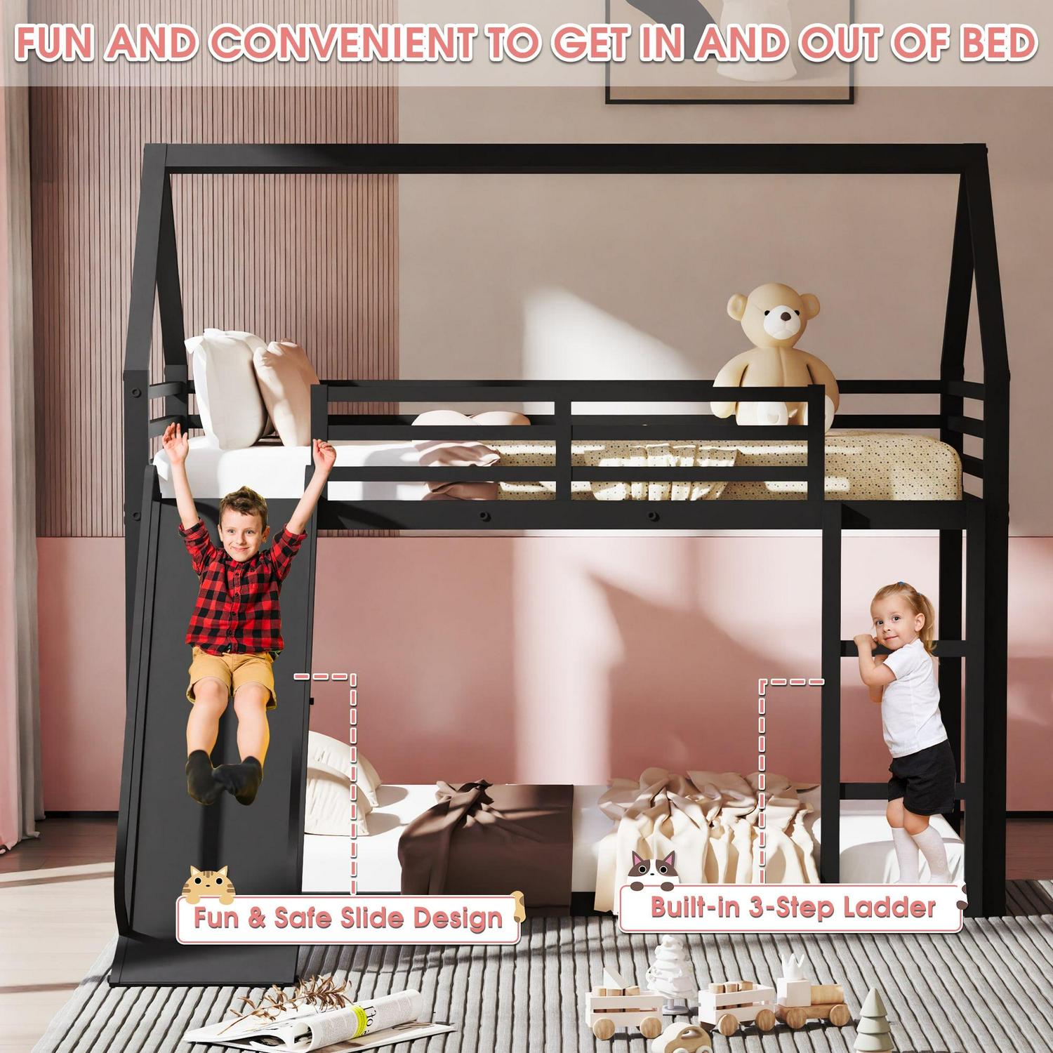 Metal Twin Over Twin House Bunk Bed with Fence Ladder and Door for Kids Child - Picture 37 of 38