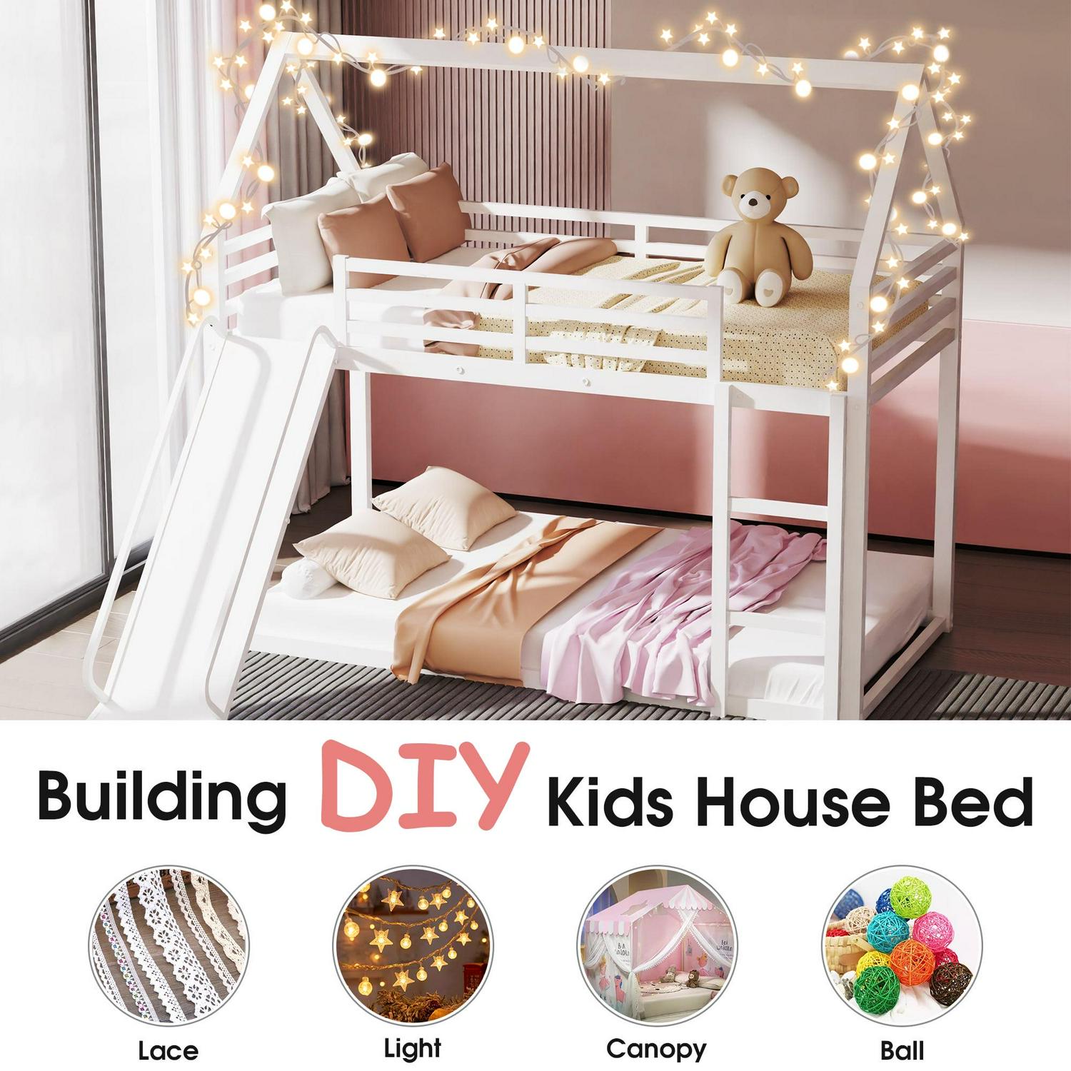 Metal Twin Over Twin House Bunk Bed with Fence Ladder and Door for Kids Child - Picture 29 of 38