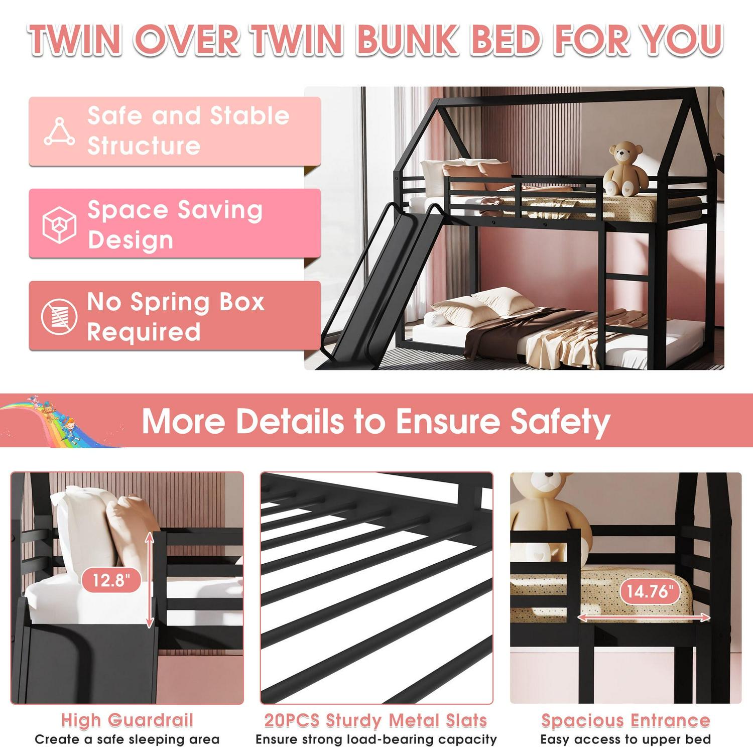 Metal Twin Over Twin House Bunk Bed with Fence Ladder and Door for Kids Child - Picture 35 of 38