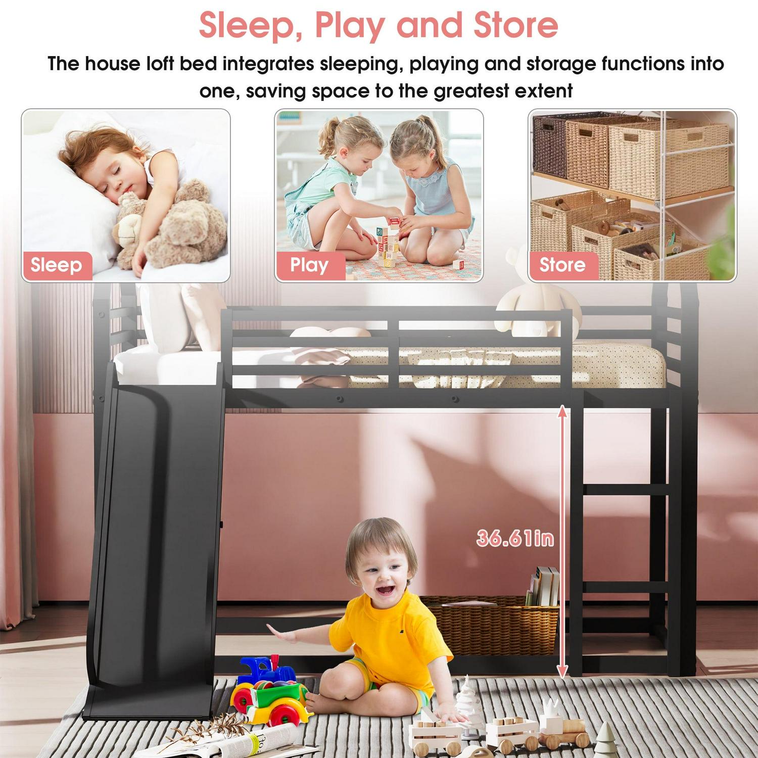 Metal Twin Over Twin House Bunk Bed with Fence Ladder and Door for Kids Child - Picture 38 of 38