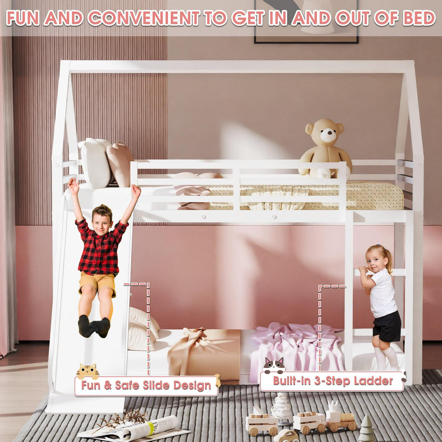 Metal Twin Over Twin House Bunk Bed with Fence Ladder and Door for Kids Child - Picture 30 of 38