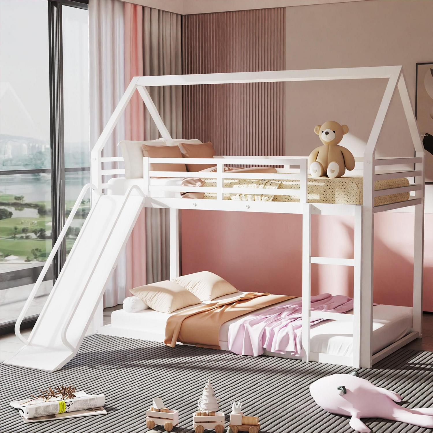 Metal Twin Over Twin House Bunk Bed with Fence Ladder and Door for Kids Child - Picture 25 of 38