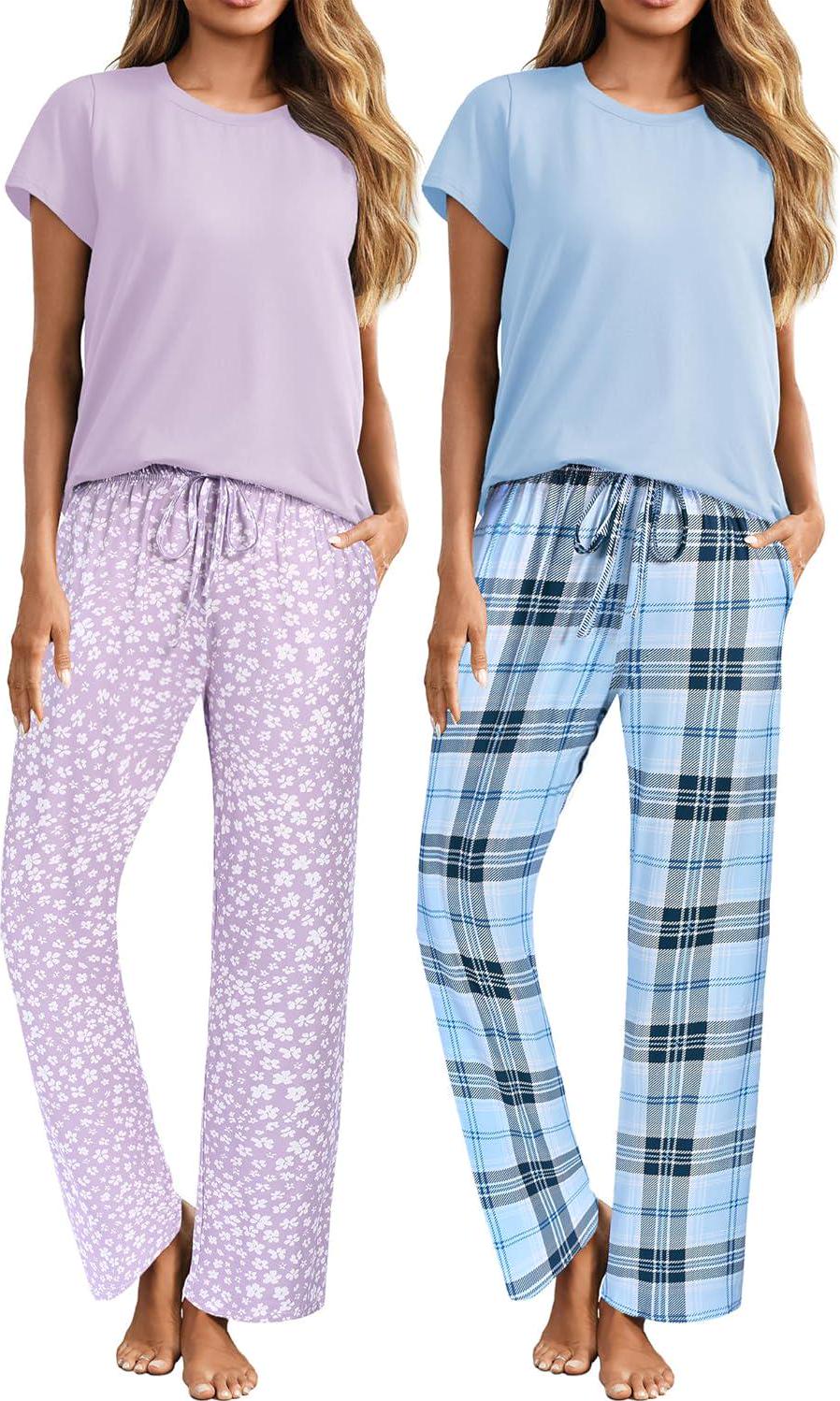 Ekouaer 2 Pack Womens Pajama Sets Short Sleeve Sleepwear Top And Pants 4 Piece - Picture 5 of 24