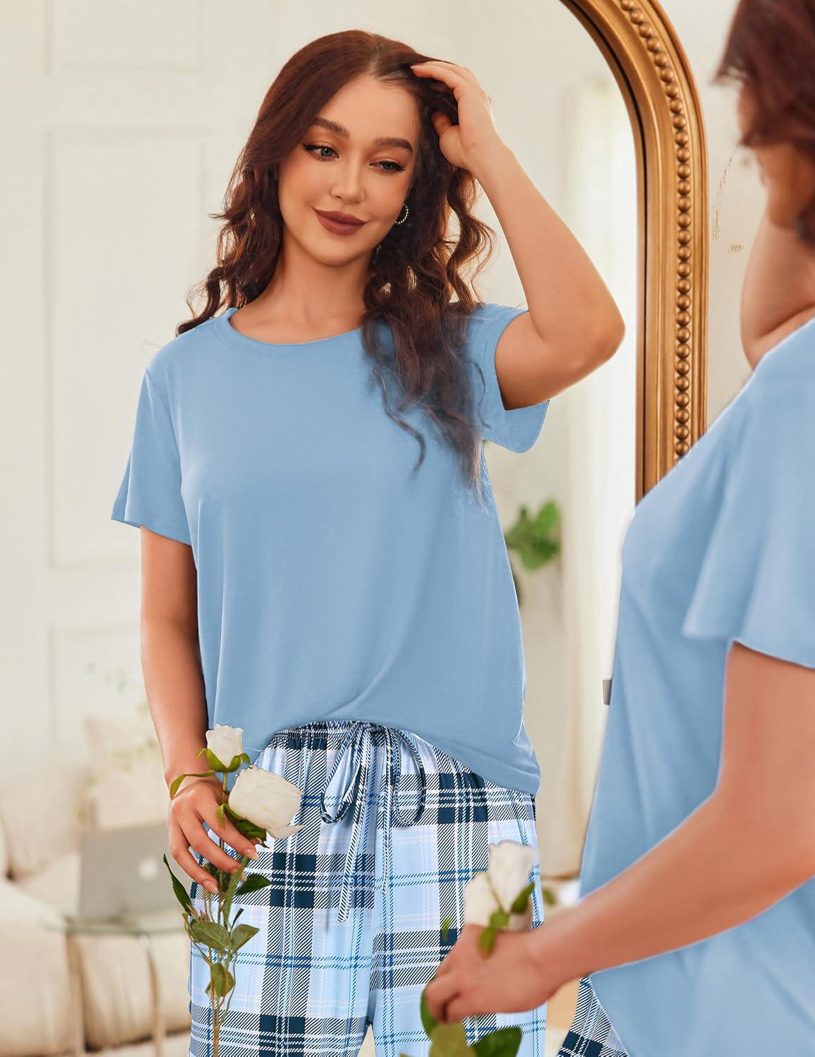 Ekouaer 2 Pack Womens Pajama Sets Short Sleeve Sleepwear Top And Pants 4 Piece - Picture 7 of 24