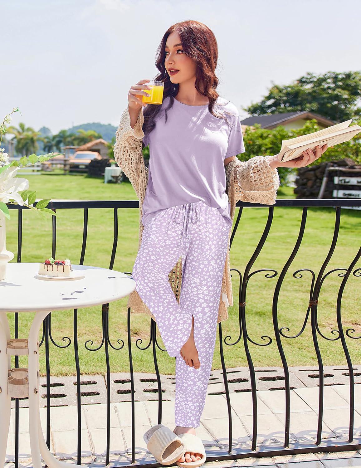 Ekouaer 2 Pack Womens Pajama Sets Short Sleeve Sleepwear Top And Pants 4 Piece - Picture 6 of 24