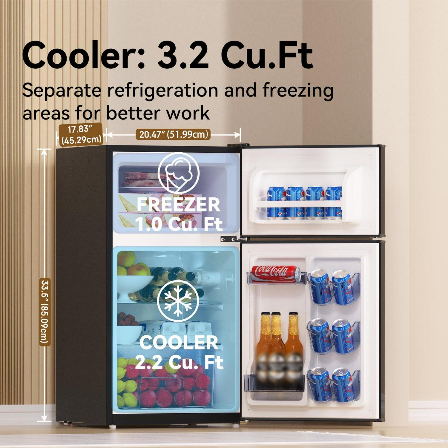 Double door Freestanding Mini Fridge Compact refrigerator Independent freezing