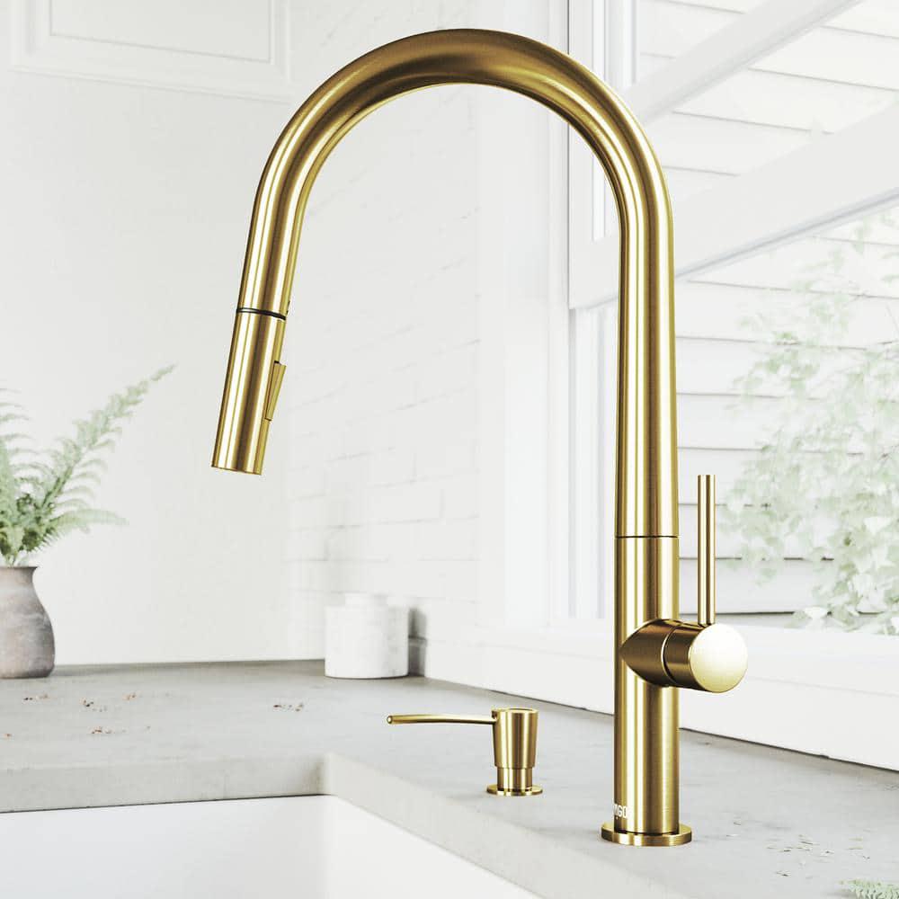 VIGO Pull Down Kitchen Faucet 360° Swivel w/ Soap Dispenser Matte Brushed Gold