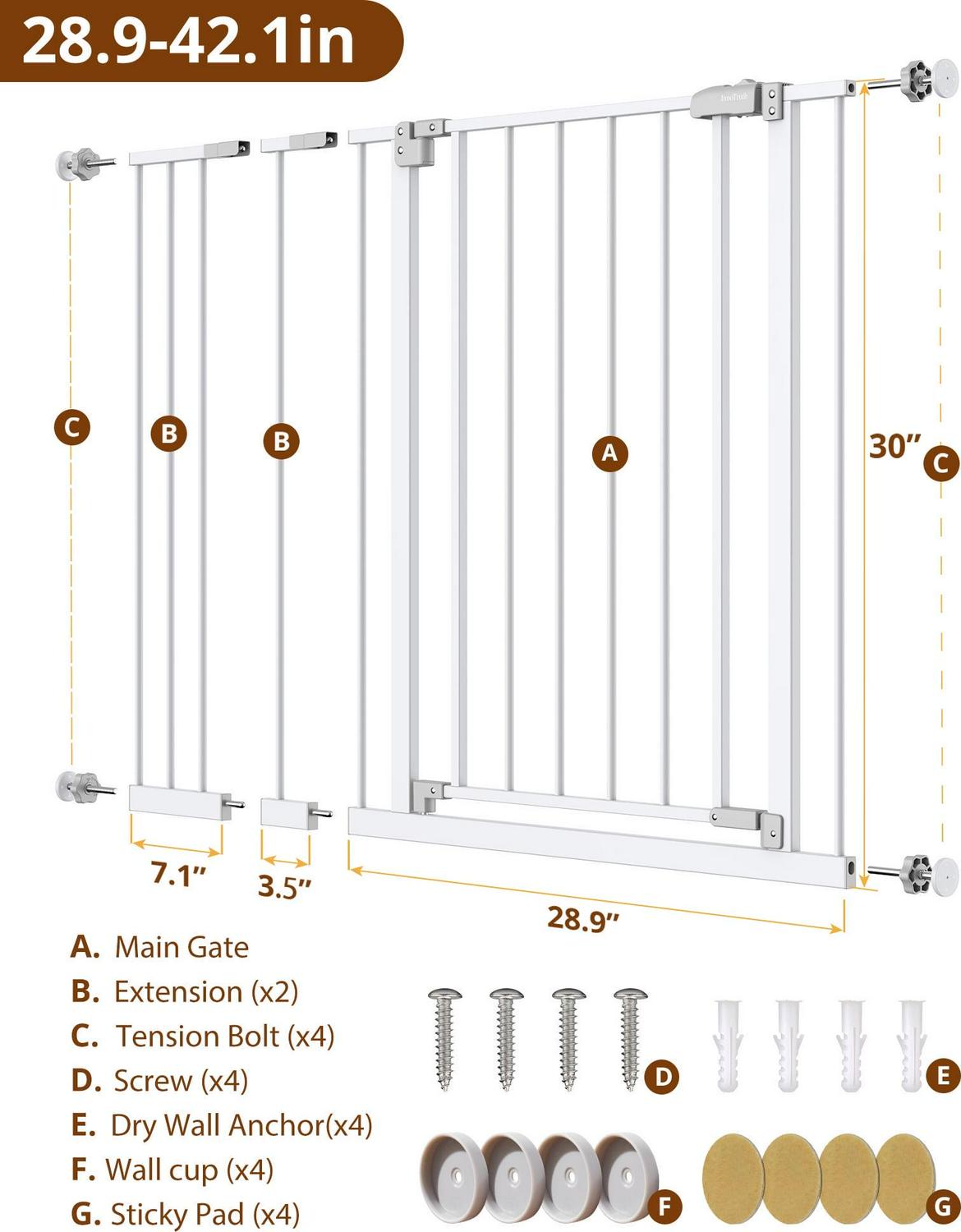 Extra Wide Baby Safety Gate for Stairs and Doorway,28.9-42.1 Wide,30 Tall ages 6