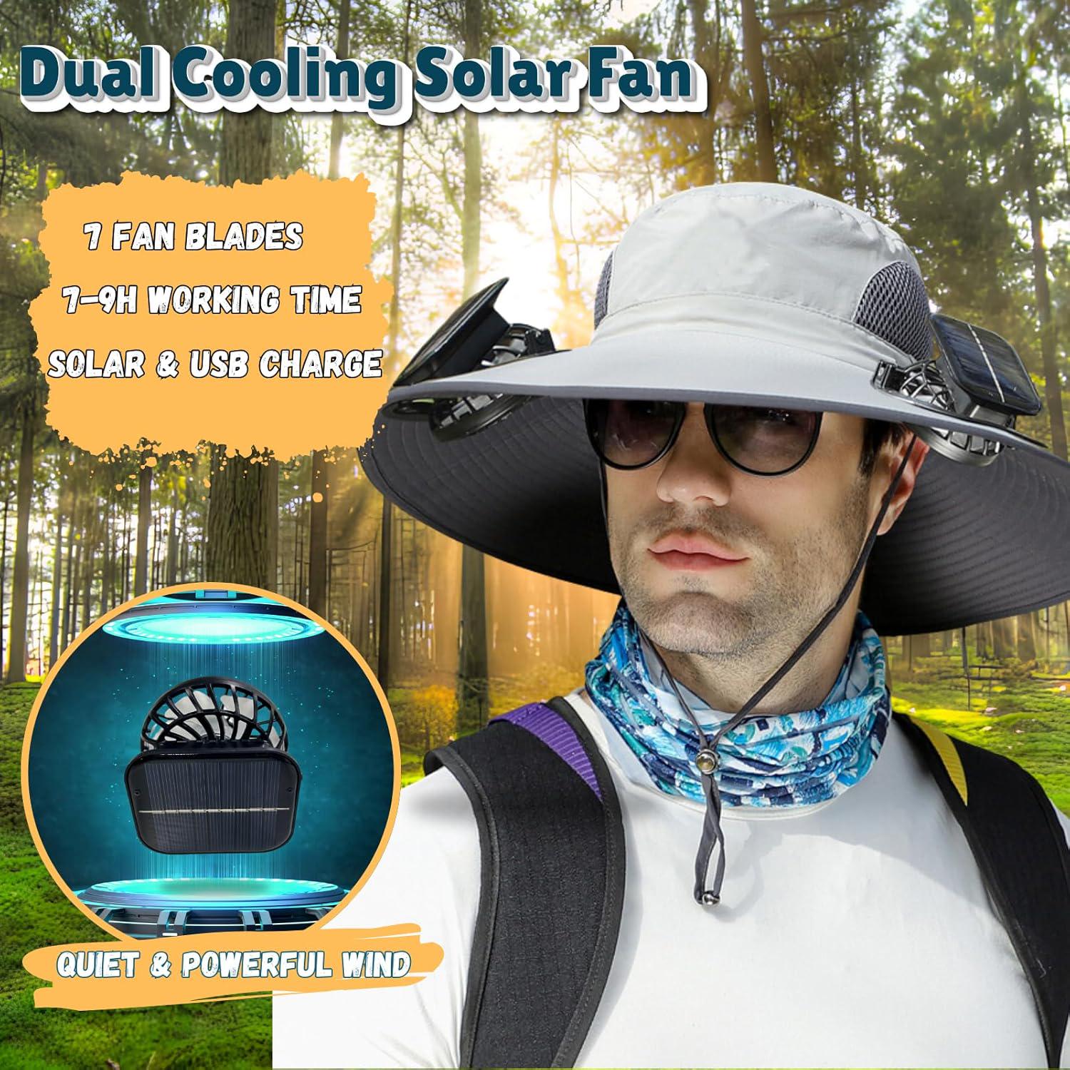 Outdoor Wide Brim Sun Hat with 2 Solar Fan Bucket Hat Men Women Fishing Beach - Picture 67 of 67