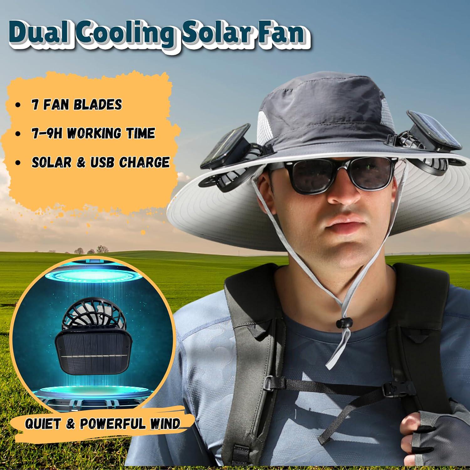 Outdoor Wide Brim Sun Hat with 2 Solar Fan Bucket Hat Men Women Fishing Beach - Picture 37 of 67