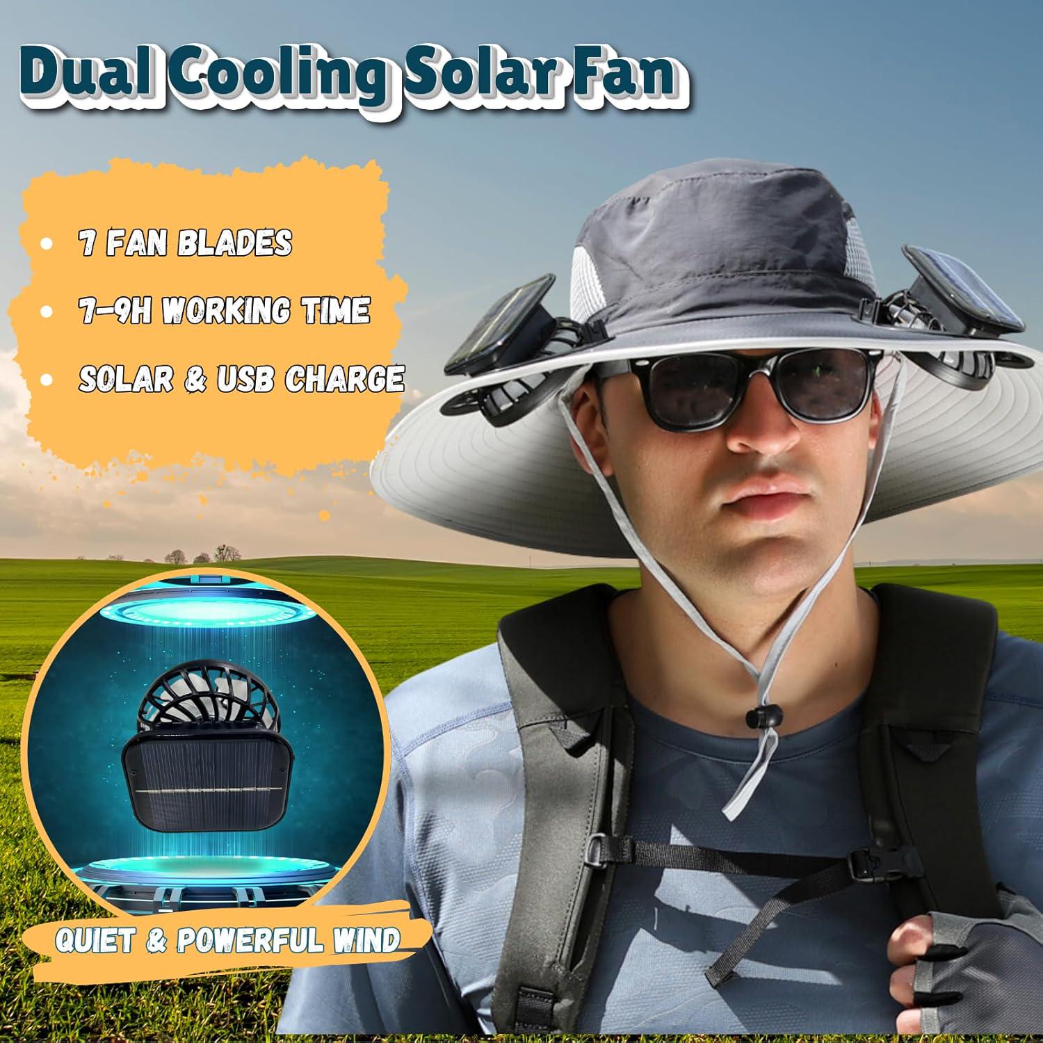 Outdoor Wide Brim Sun Hat with 2 Solar Fan Bucket Hat Men Women Fishing Beach - Picture 25 of 67
