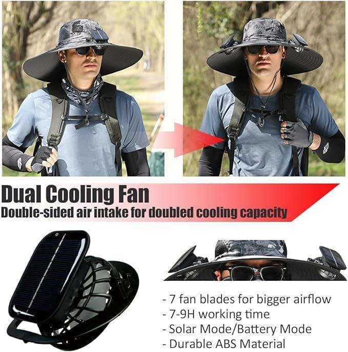 Outdoor Wide Brim Sun Hat with 2 Solar Fan Bucket Hat Men Women Fishing Beach - Picture 39 of 67