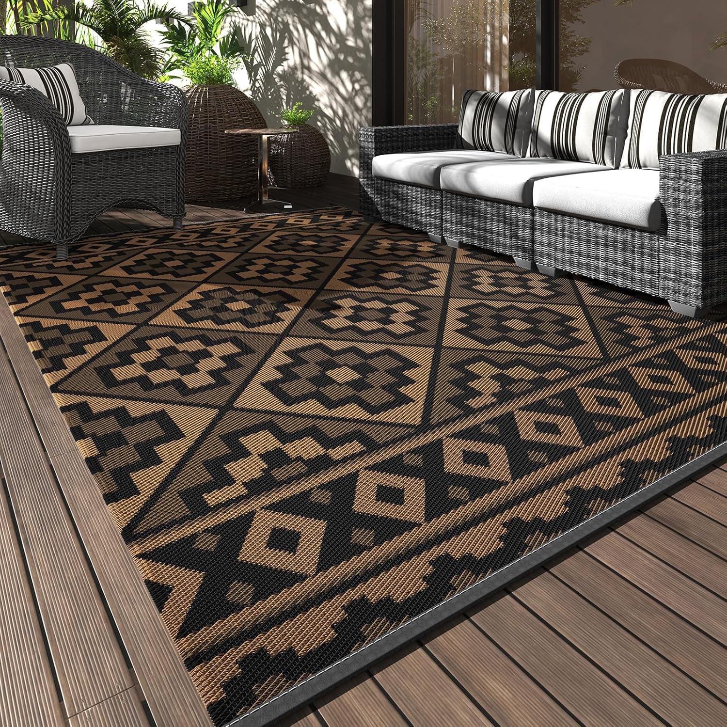 Outdoor Rug with Strip 9'x12' Waterproof Reversible Patio Rug Modern - Picture 30 of 70