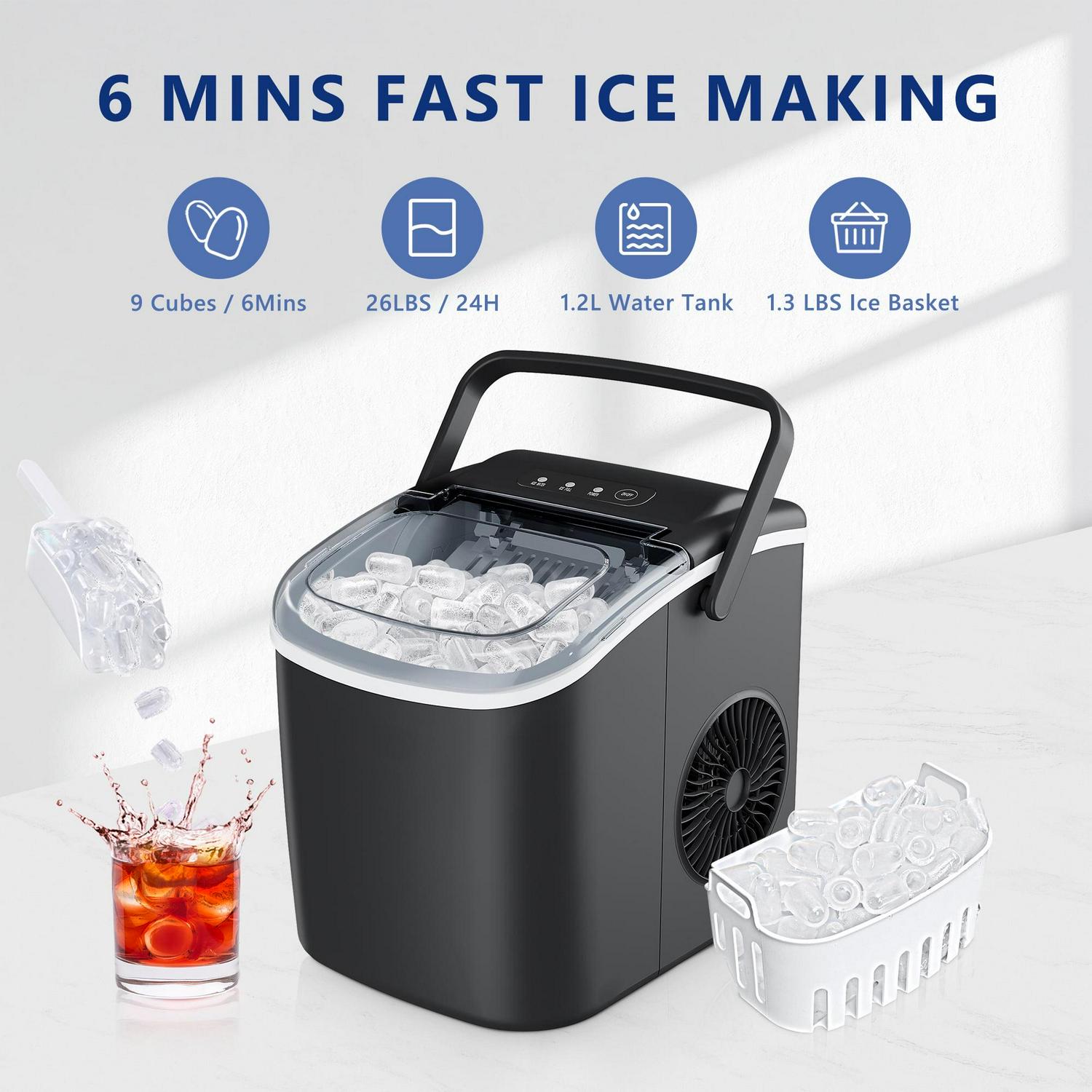 Countertop Ice Maker with Handle, 9 bullet ice in 6 Mins, 26Lbs/24H, Portable