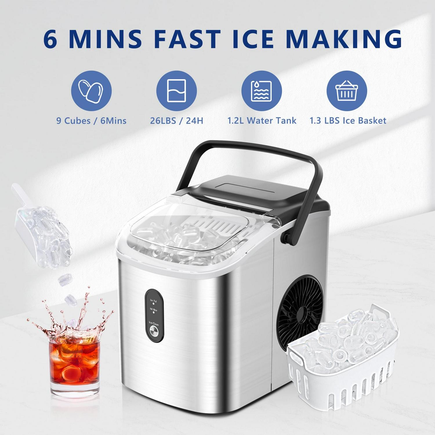 Countertop Ice Maker with Handle, 9 bullet ice in 6 Mins, 26Lbs/24H, Portable