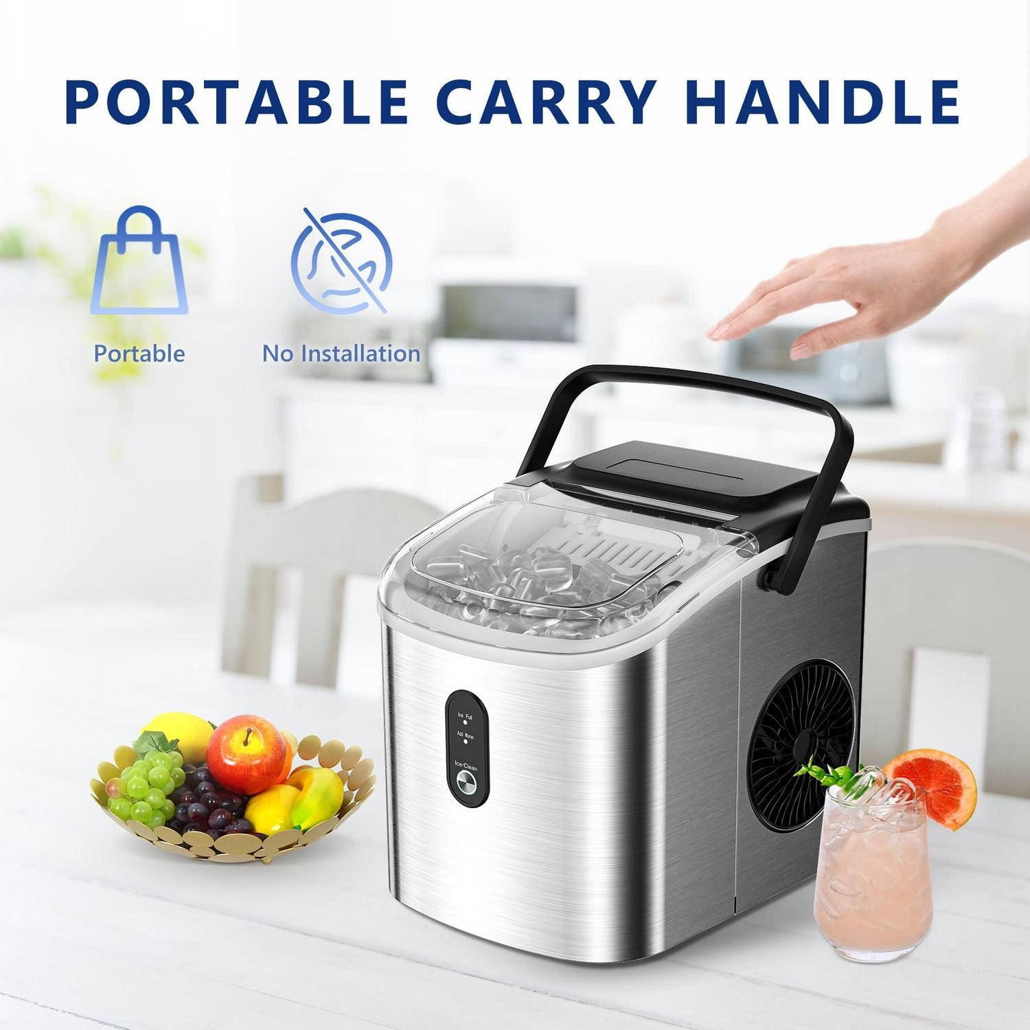 Countertop Ice Maker with Handle, 9 bullet ice in 6 Mins, 26Lbs/24H, Portable