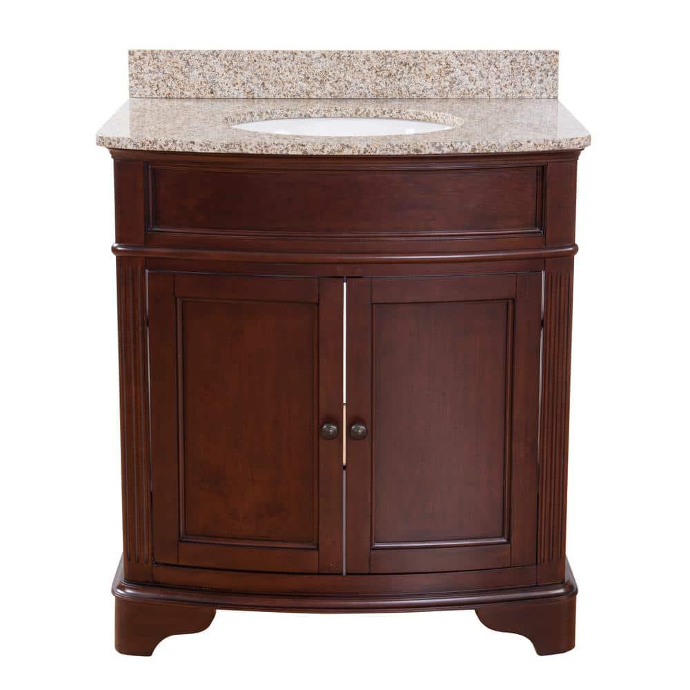 Terryn 31 in. W x 35 in. H x 20 in. D Vanity in Cherry with Granite Vanity Top in Beige with White Basin
