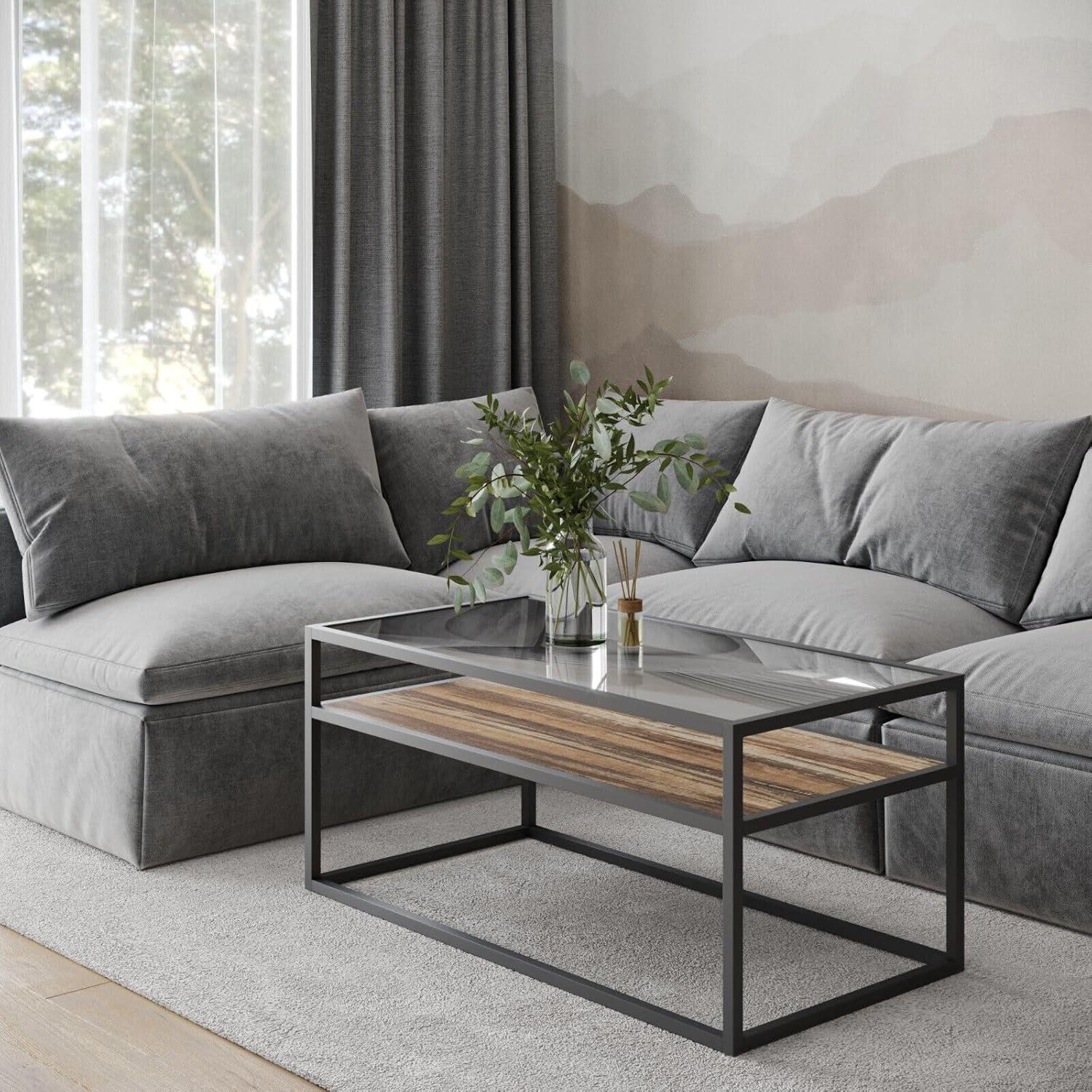 URBNLIVING Glass Display Top Coffee Table with Steel Frame Reversible Wooden