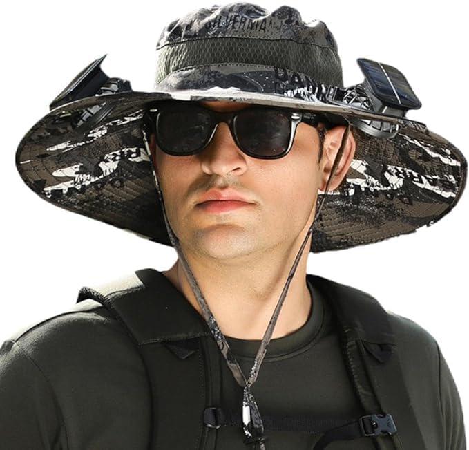 Outdoor Wide Brim Sun Hat with 2 Solar Fan Bucket Hat Men Women Fishing Beach - Picture 28 of 67